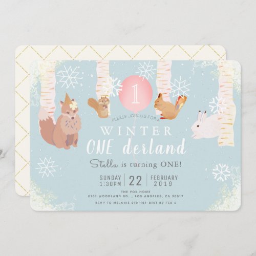 Winter ONEderland Woodland Animals Birthday Invitation