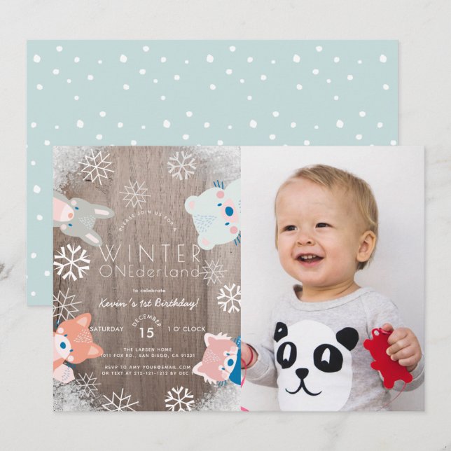 Winter Onederland Woodland Animals Photo Birthday Invitation (Front/Back)