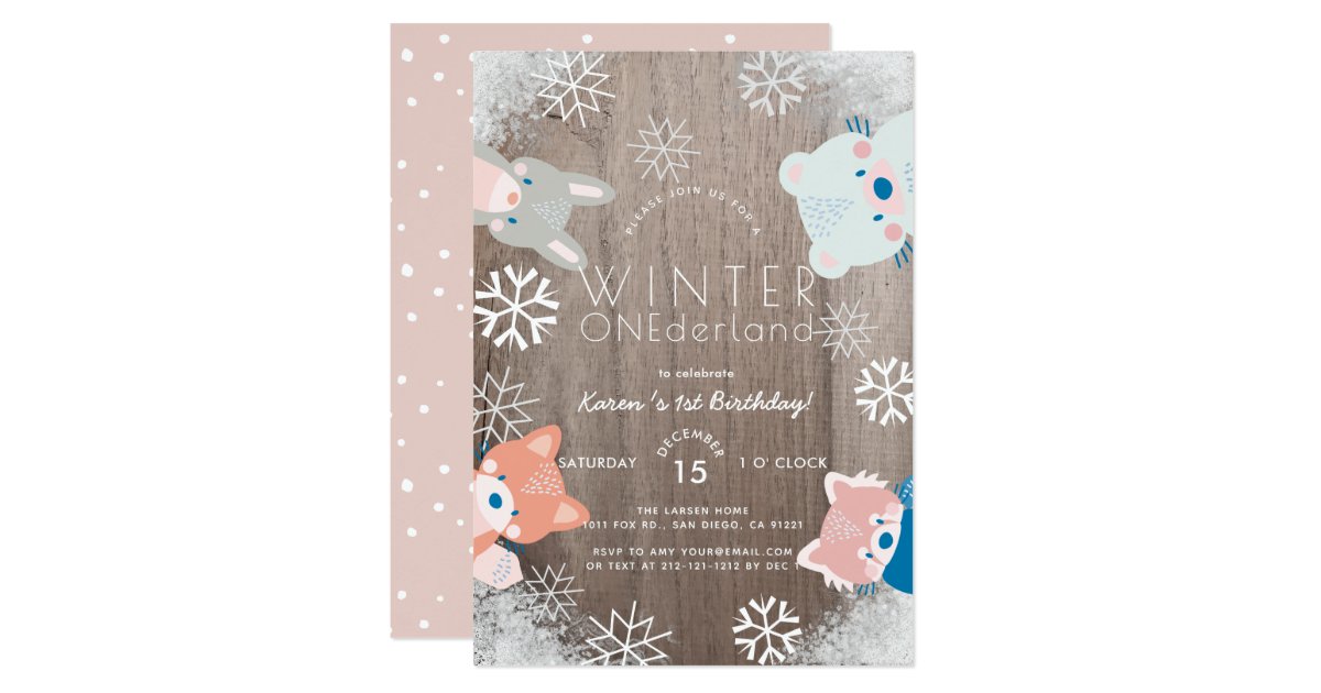 Winter Onederland Woodland Animals Pink Birthday Invitation