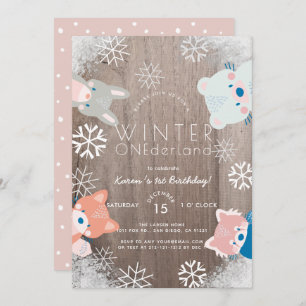 Winter Onederland Woodland Animals Pink Birthday Invitation