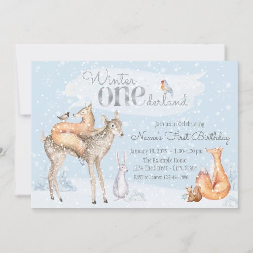 Winter ONEderland Woodland Boy Girl First Birthday Invitation