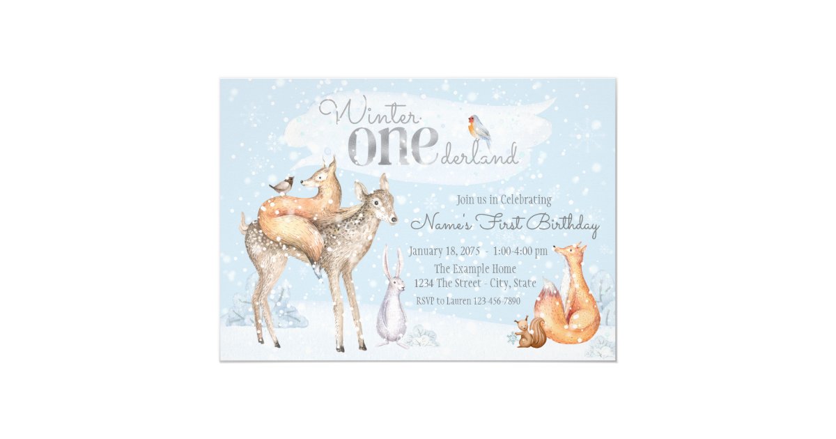 Winter Onederland Woodland Boy Girl First Birthday Invitation