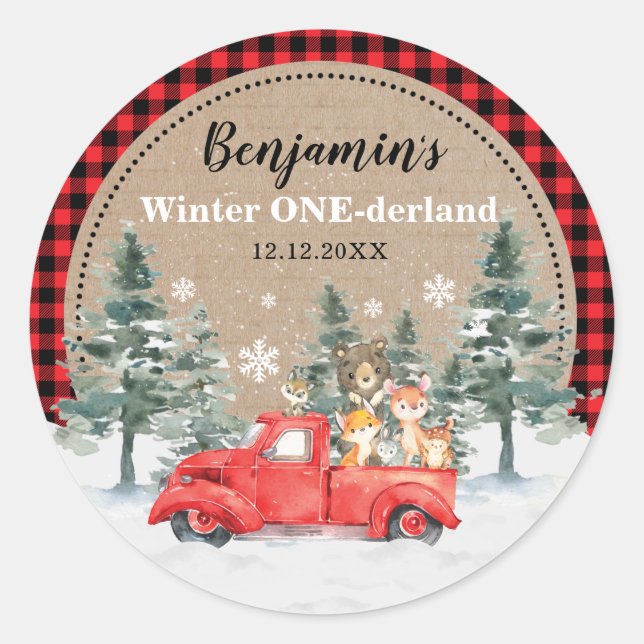 Winter ONEderland Woodland Forest Animals Birthday Classic Round Sticker (Front)