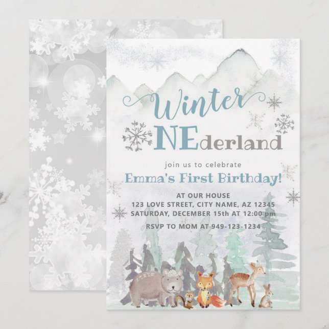 Winter ONEderland Woodland Forest Animals Birthday Invitation (Front/Back)