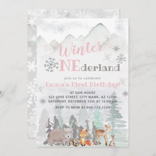 Winter ONEderland Woodland Forest Animals Birthday Invitation