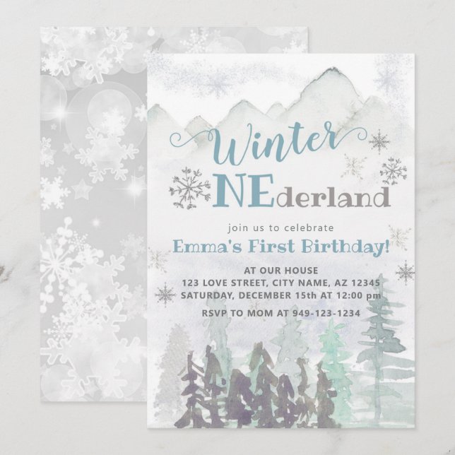Winter ONEderland Woodland Forest Birthday Invitation (Front/Back)
