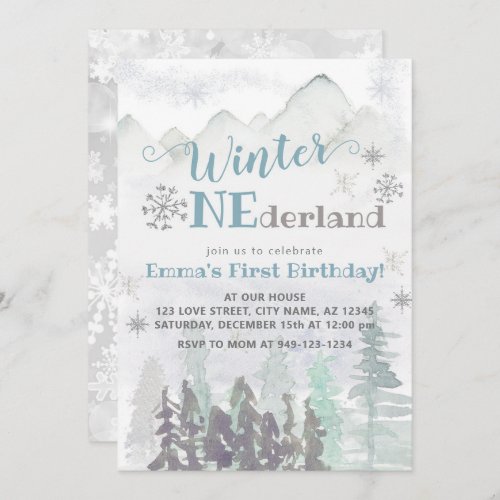 Winter ONEderland Woodland Forest Birthday Invitation