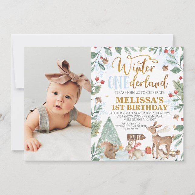 Winter Onederland Woodland Photo Birthday Invitation (Front)