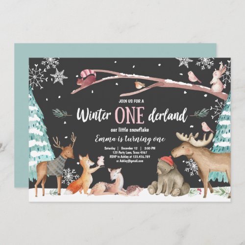 Winter ONEderland Woodland Pink Birthday Invitation