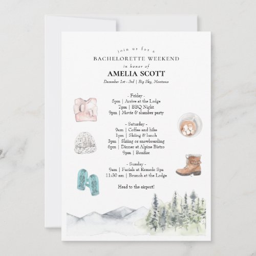 Winter or Mountain Bachelorette Itinerary Invitation