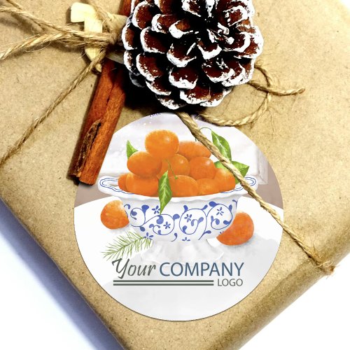 Winter Oranges Blue Floral Porcelain Holiday Gift Classic Round Sticker