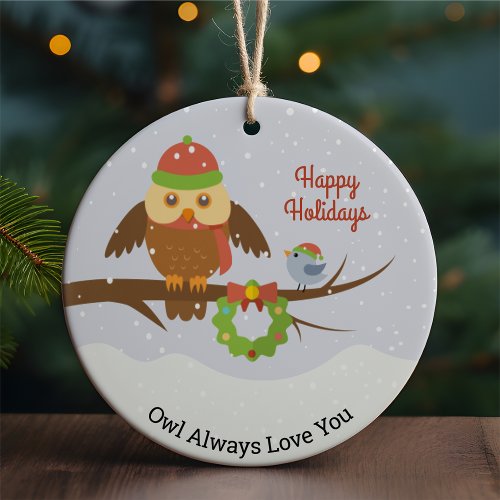 Winter Owl and Bird on a Branch Christmas Ceramic Ornament