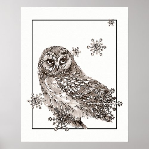 Winter Owl Bird Snowflakes Watercolor Graphic Art Poster