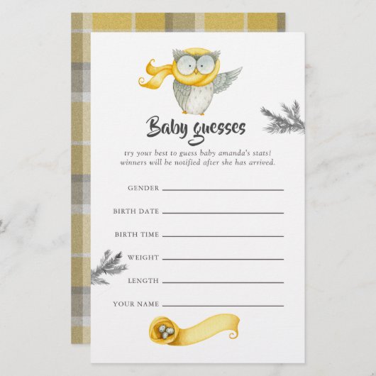 Winter Owl Christmas Baby Shower Guesses (Front/Back)