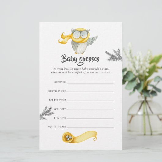 Winter Owl Christmas Baby Shower Guesses (Standing Front)