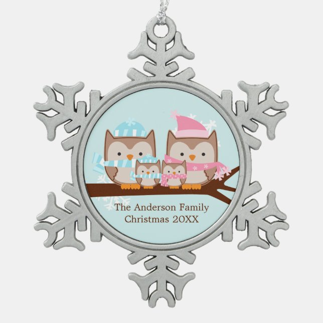 Winter Owl Family of Four Snowflake Pewter Christmas Ornament (Front)