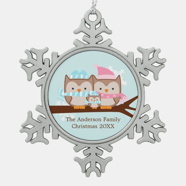 Winter Owl Family Snowflake Pewter Christmas Ornament (Front)