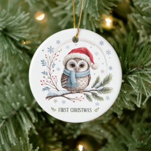 Winter Owl First Christmas Keepsake Photo Ceramic Ornament