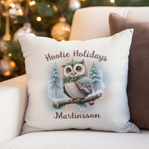 Winter Owl Hootie Holidays Family Name Throw Pillow