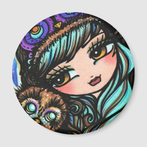 Winter Owl Snow Forest Hat Girl Fantasy Art Magnet