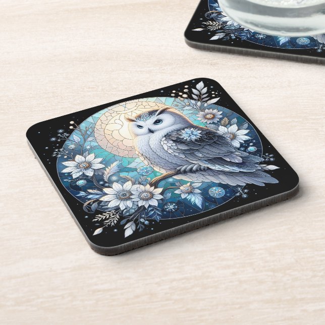 Winter Owl Stained Glass Elegant Snowy Nocturnal Beverage Coaster (Left Side)