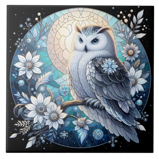 Winter Owl Stained Glass Elegant Snowy Nocturnal Ceramic Tile (Front)