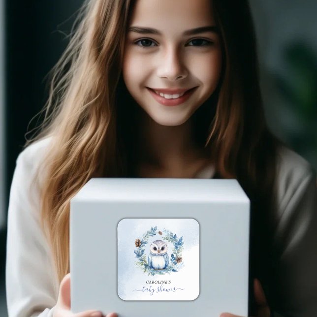 Winter Owl Watercolor Baby Shower Square Sticker (Winter Owl Watercolor Baby Shower Square Sticker)