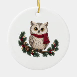 Winter Owl with Burgundy Scarf and Pine Branch Ceramic Ornament