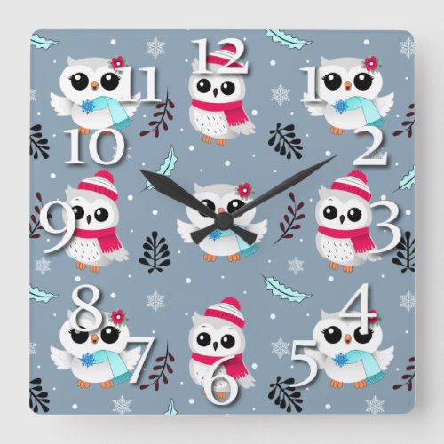 Winter Owls Square Wall Clock