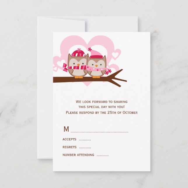 Winter Owls Wedding RSVP Cards (Front)