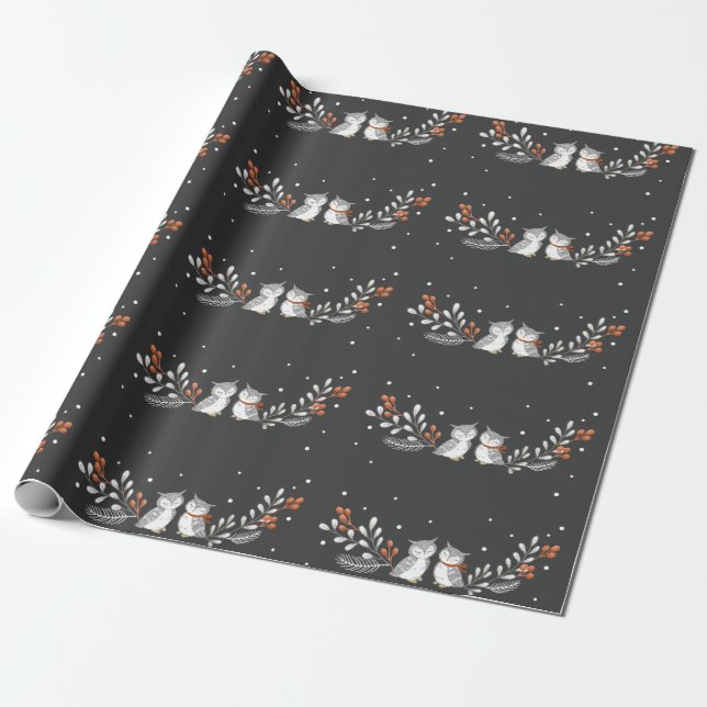 Winter Owls Wrapping Paper (Unrolled)