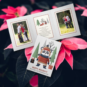 Winter panda and trees Christmas multi photo Tri-Fold Holiday Card