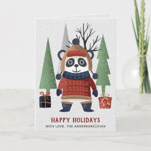 Winter panda and trees Christmas photo folded Holiday Card