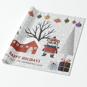 Winter panda and trees Happy holidays Christmas Wrapping Paper