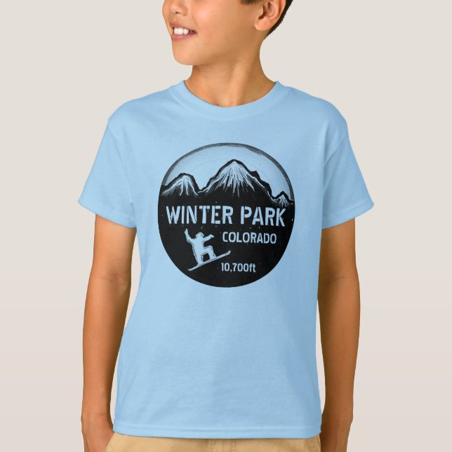 Winter Park Colorado blue boys snowboard art tee (Front)