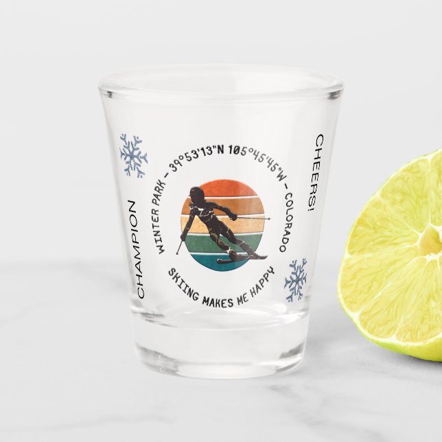 Winter Park, Colorado - Woman Skier, Black Text Shot Glass (Front)