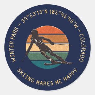 Winter Park, Colorado - Woman Skier, Golden Text Classic Round Sticker