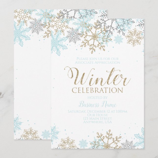 Winter Party Blue Gold Snowflakes Invitation (Front/Back)
