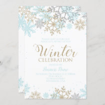 Winter Party Blue Gold Snowflakes Invitation