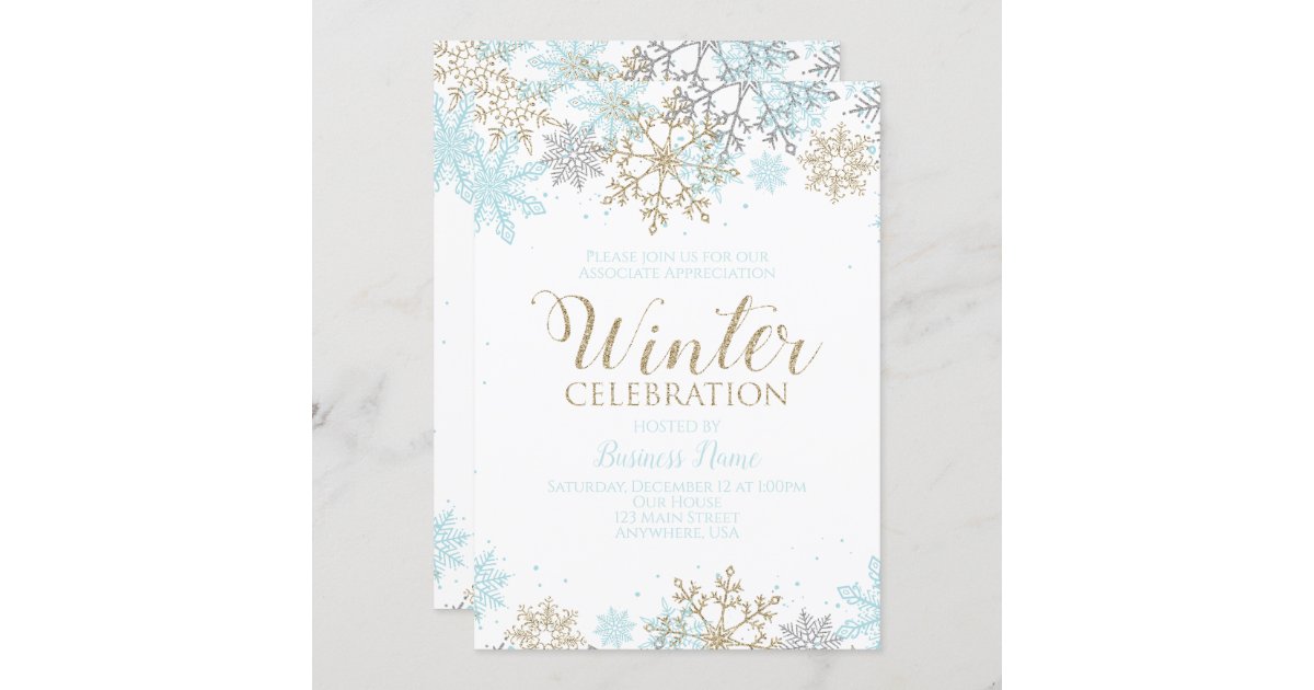 Winter Party Blue Gold Snowflakes Invitation | Zazzle