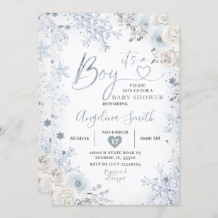 Winter Pastel Blue Snowflake Floral Baby Shower In Invitation