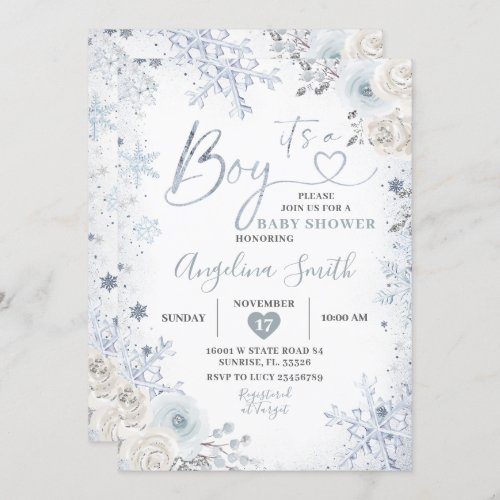 Winter Pastel Blue Snowflake Floral Baby Shower In Invitation