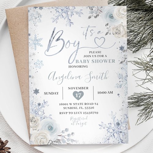 Winter Pastel Blue Snowflake Floral Baby Shower In Invitation