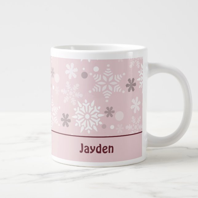 Winter Pastel Pink Snowflake Christmas Season  Giant Coffee Mug (Right)