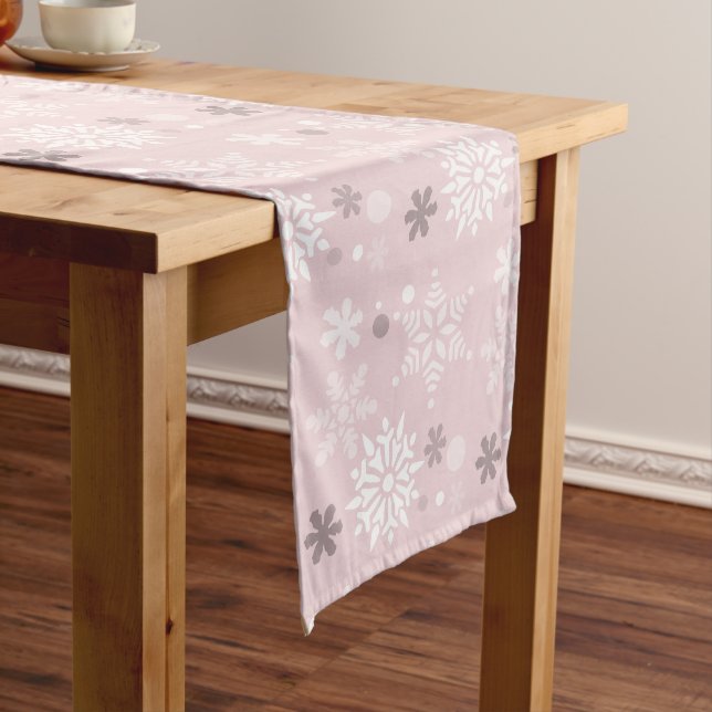 Winter Pastel Pink Snowflake Christmas Season Long Table Runner (In Situ)