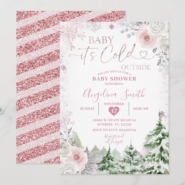 Winter Pastel Pink Snowflake Floral Baby Shower Invitation (Front/Back)