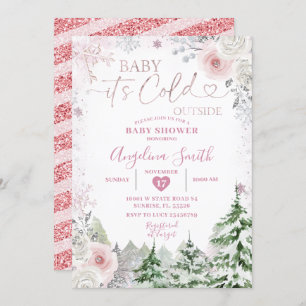 Winter Pastel Pink Snowflake Floral Baby Shower Invitation