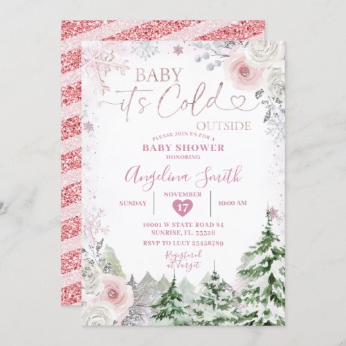 Winter Pastel Pink Snowflake Floral Baby Shower Invitation