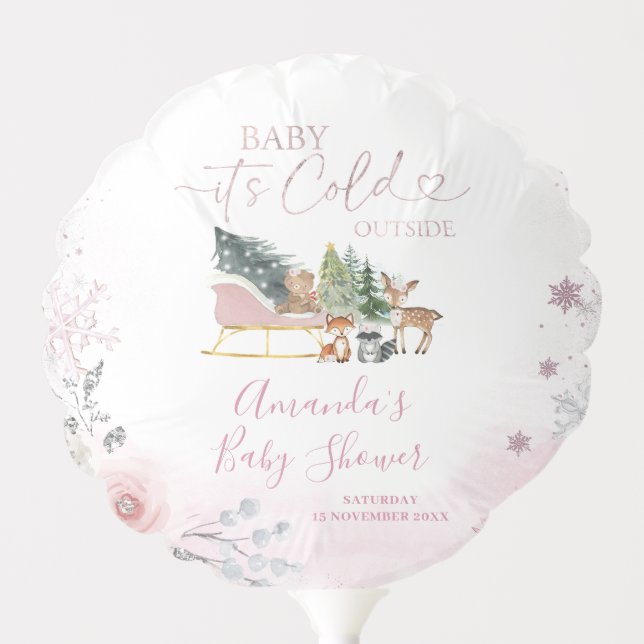 Winter Pastel Pink Snowflake Sleigh Baby Shower Balloon (Front)