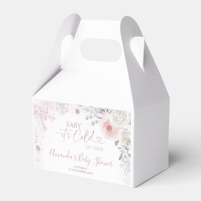 Winter Pastel Pink Snowflake Sleigh Baby Shower Favor Boxes (Front Side)